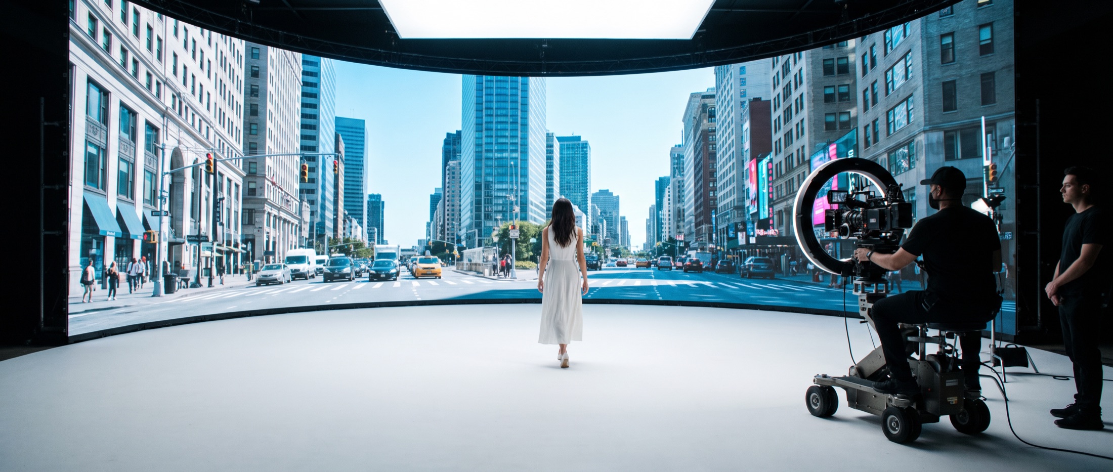 虚拟制片棚概念示意：弧形 LED 幕墙播放城市街景，白衣演员走向幕前，摄影师在轨道车上跟拍